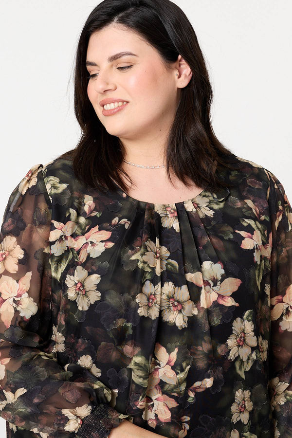 Green | Curve Floral Long Sleeve Layered Blouse