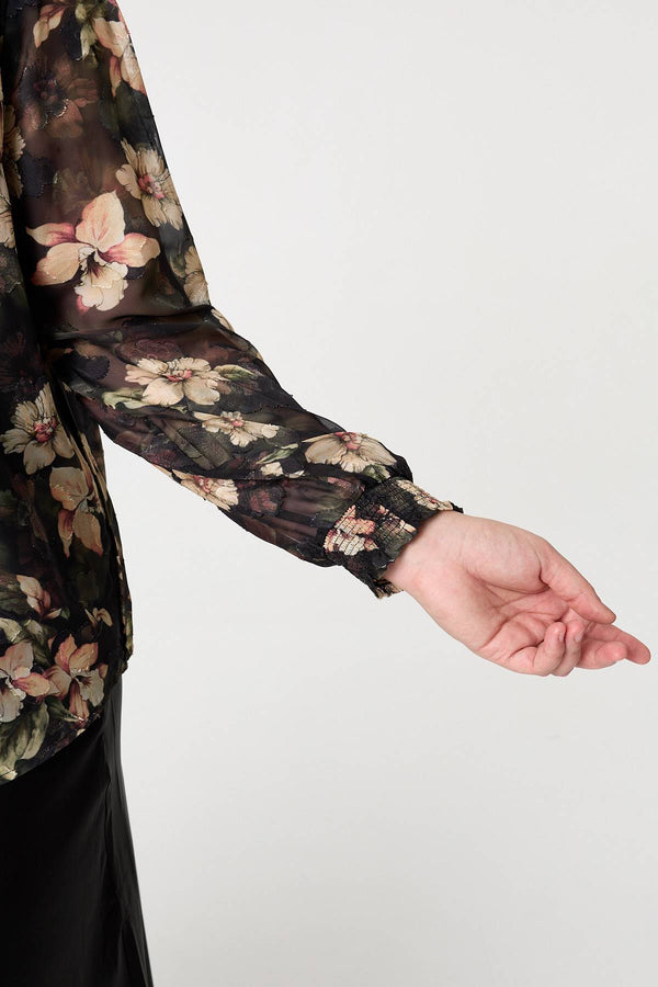 Green | Curve Floral Long Sleeve Layered Blouse