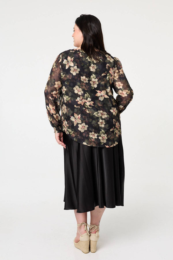 Green | Curve Floral Long Sleeve Layered Blouse