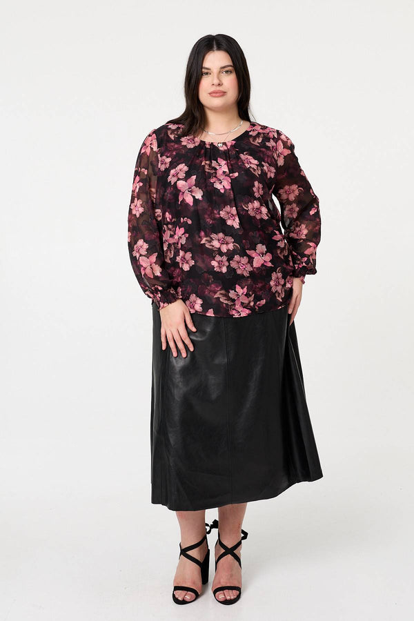 Pink | Curve Floral Long Sleeve Layered Blouse