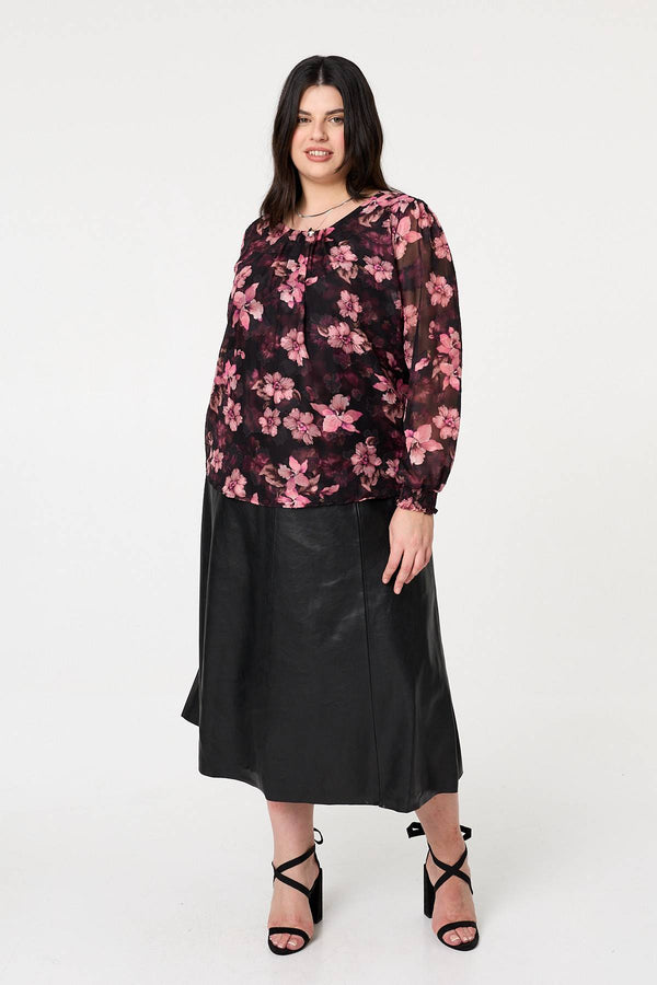 Pink | Curve Floral Long Sleeve Layered Blouse