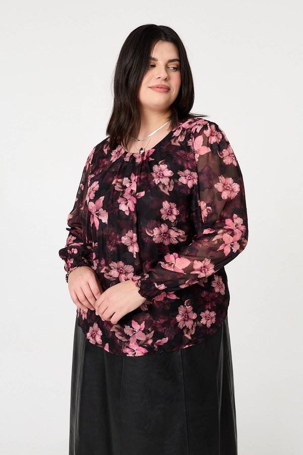 Pink | Curve Floral Long Sleeve Layered Blouse