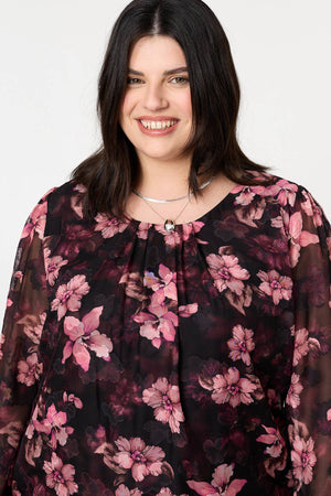 Pink | Curve Floral Long Sleeve Layered Blouse