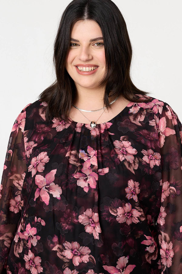 Pink | Curve Floral Long Sleeve Layered Blouse