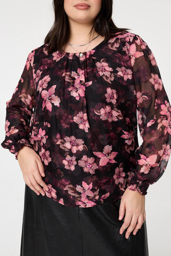Pink | Curve Floral Long Sleeve Layered Blouse