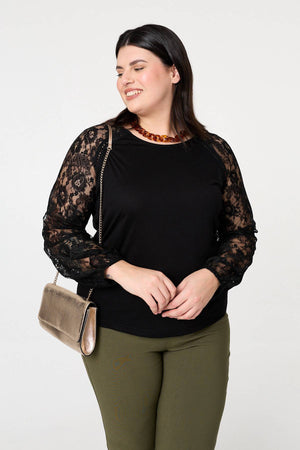 Black | Curve Floral Lace Long Sleeve Top