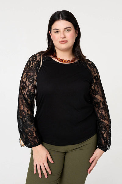 Black | Curve Floral Lace Long Sleeve Top