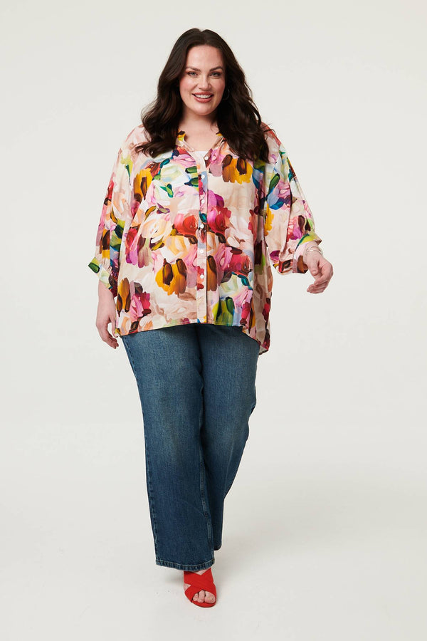 Pink | Curve Brushstroke Print 3/4 Sleeve Shirt