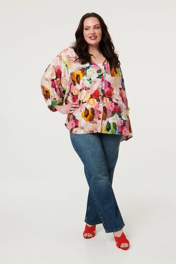 Pink | Curve Brushstroke Print 3/4 Sleeve Shirt