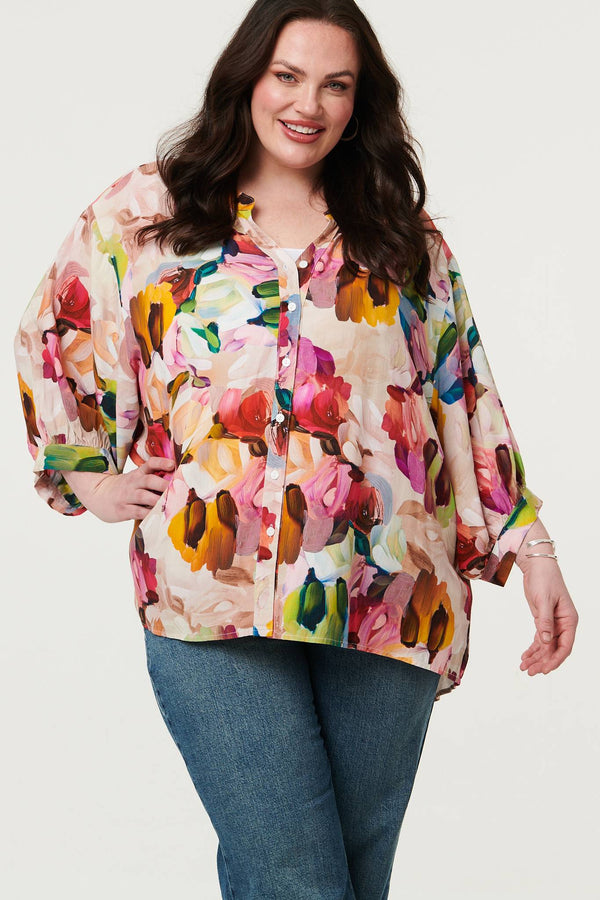 Pink | Curve Brushstroke Print 3/4 Sleeve Shirt