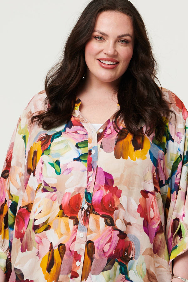 Pink | Curve Brushstroke Print 3/4 Sleeve Shirt