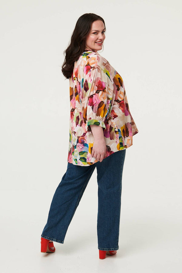 Pink | Curve Brushstroke Print 3/4 Sleeve Shirt