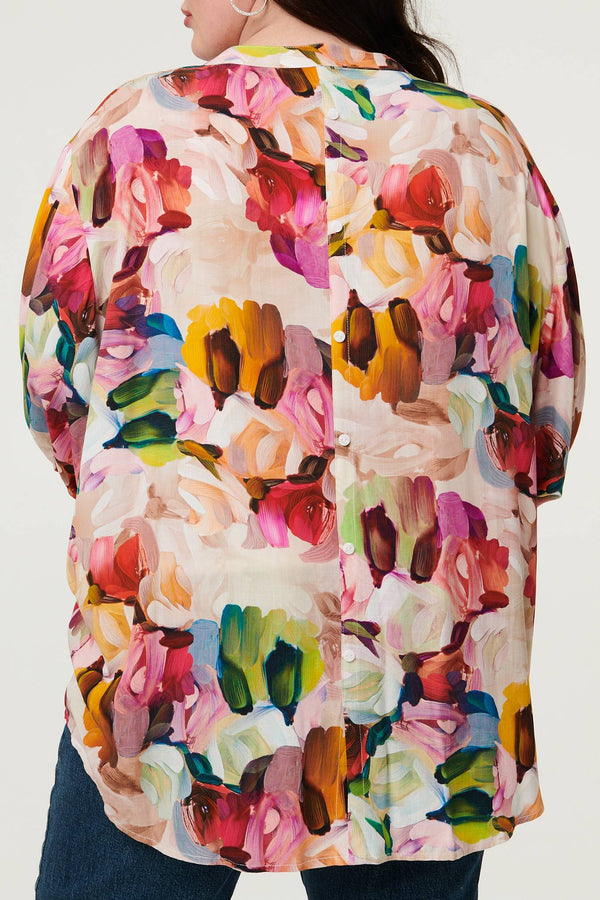 Pink | Curve Brushstroke Print 3/4 Sleeve Shirt