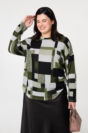 Green | Curve Printed Long Sleeve Relaxed Top