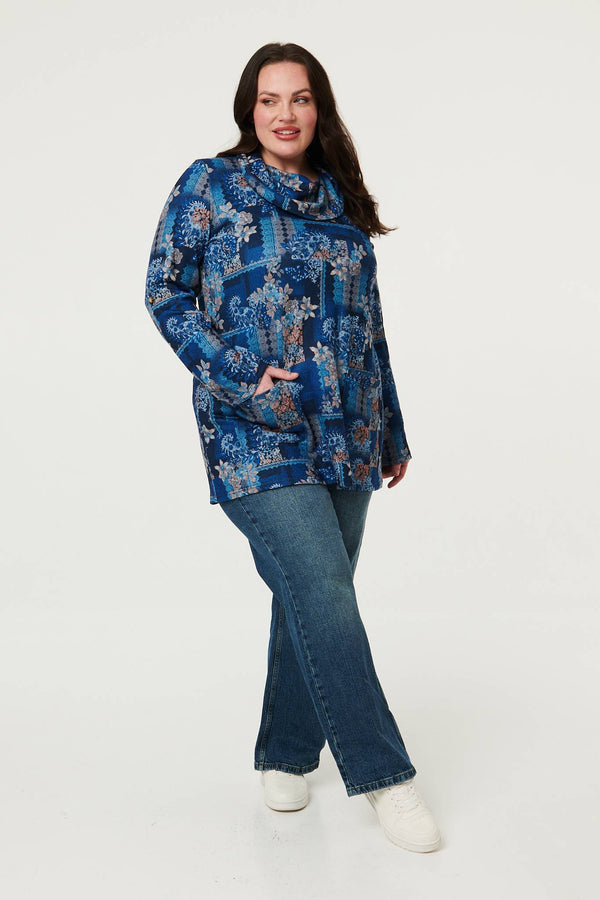 Blue | Curve Printed Cowl Neck Long Sleeve Tunic Top