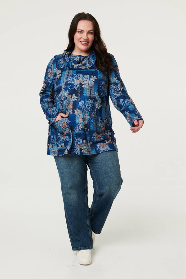 Blue | Curve Printed Cowl Neck Long Sleeve Tunic Top