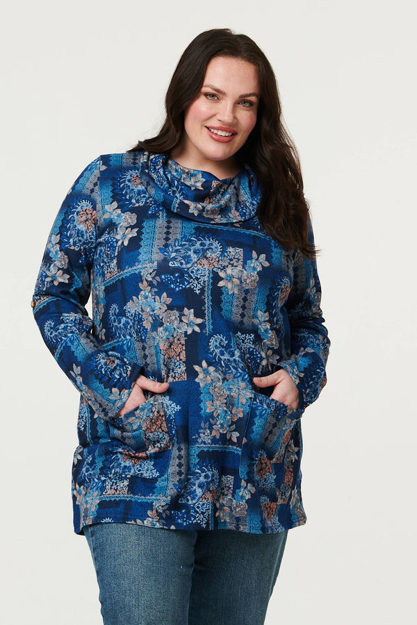 Blue | Curve Printed Cowl Neck Long Sleeve Tunic Top