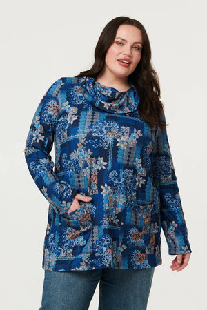 Blue | Curve Printed Cowl Neck Long Sleeve Tunic Top