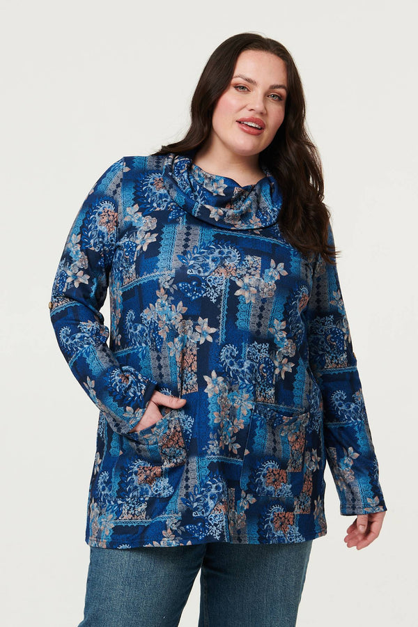 Blue | Curve Printed Cowl Neck Long Sleeve Tunic Top