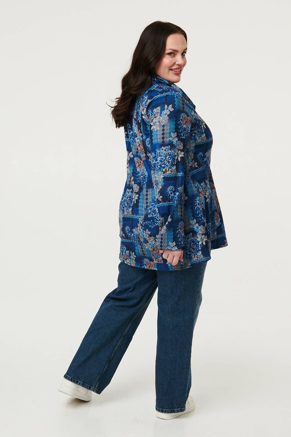 Blue | Curve Printed Cowl Neck Long Sleeve Tunic Top
