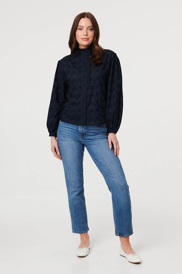 Navy | Embroidered Texture Long Sleeve Blouse