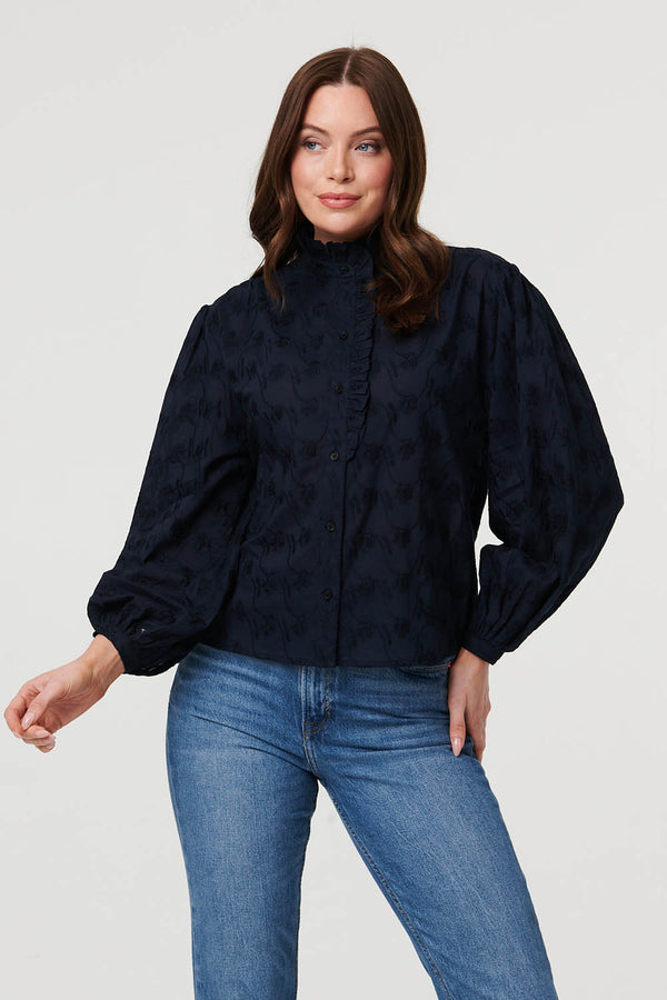 Navy | Embroidered Texture Long Sleeve Blouse