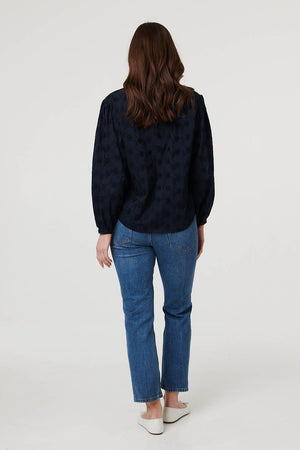 Navy | Embroidered Texture Long Sleeve Blouse