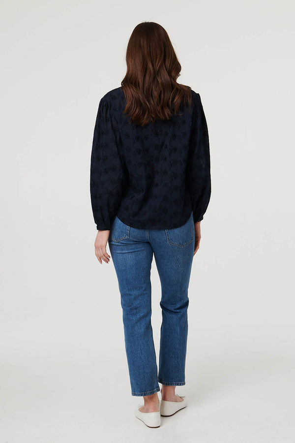 Navy | Embroidered Texture Long Sleeve Blouse