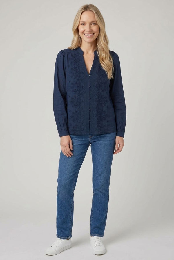 Navy | Floral Textured Long Sleeve Blouse