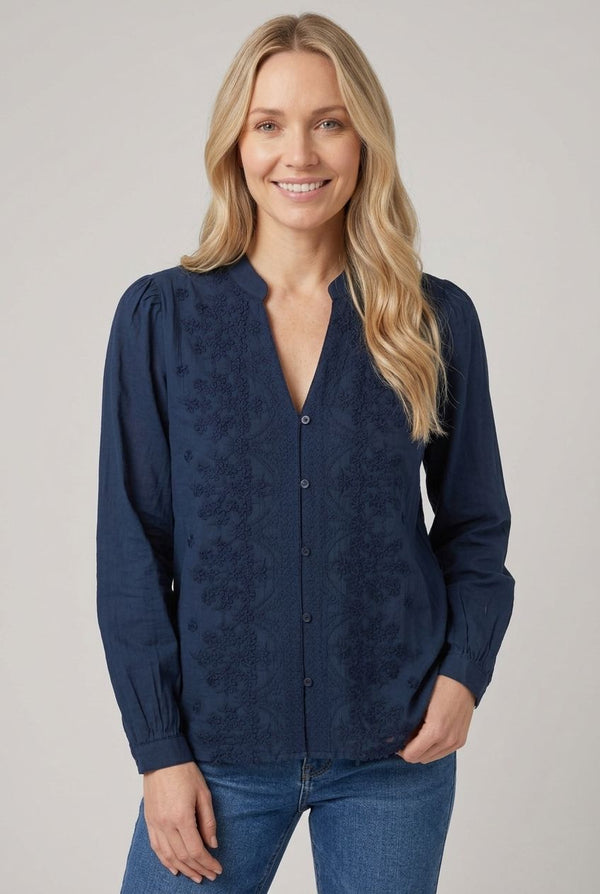 Navy | Floral Textured Long Sleeve Blouse