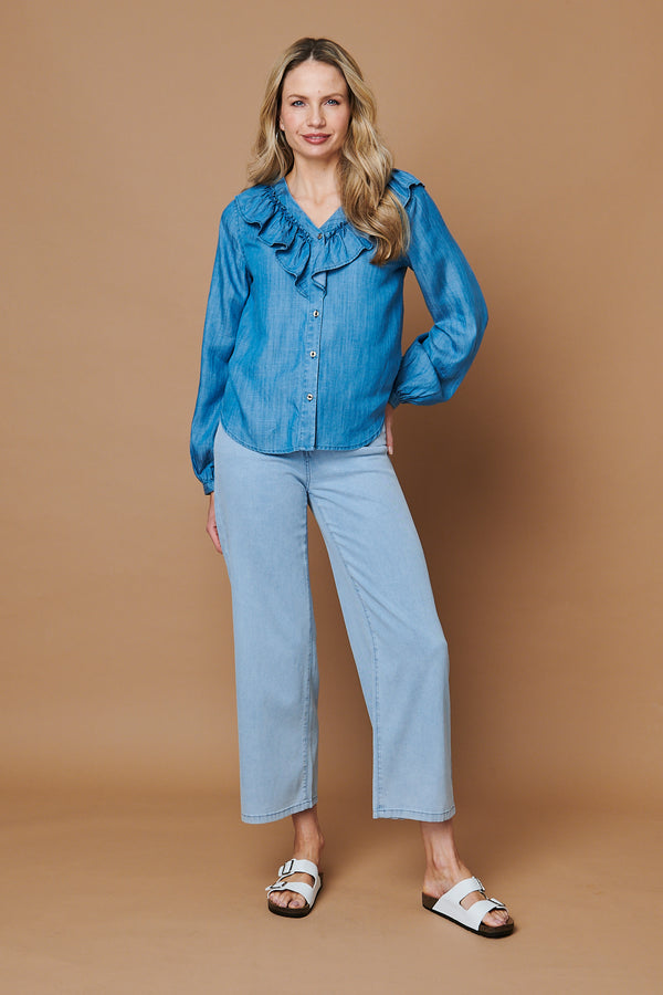 Blue | Frilled V-Neck Long Sleeve Blouse