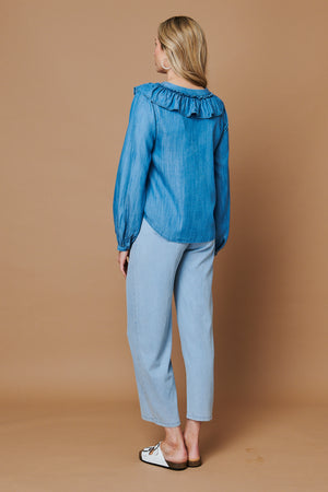 Blue | Frilled V-Neck Long Sleeve Blouse