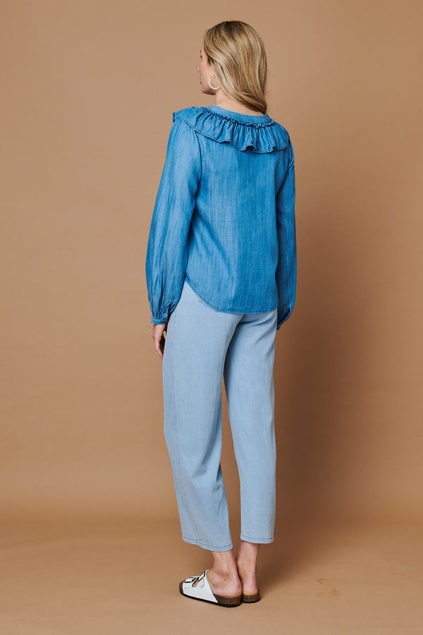 Blue | Frilled V-Neck Long Sleeve Blouse
