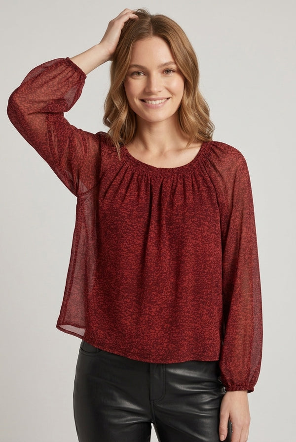 Red | Printed Semi Sheer Layered Blouse