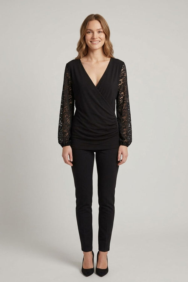 Black | Lace Sleeve Faux Wrap Top