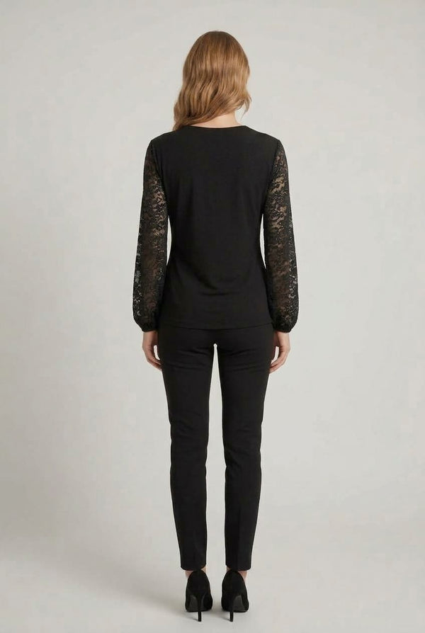 Black | Lace Sleeve Faux Wrap Top