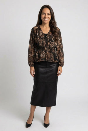Black | Printed Long Sleeve Ruched Waist Blouse