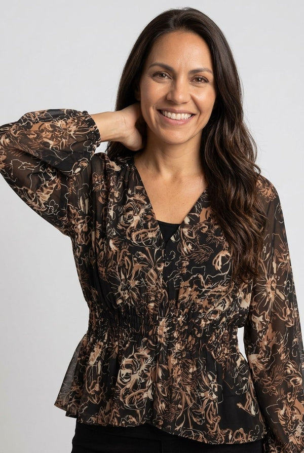 Black | Printed Long Sleeve Ruched Waist Blouse