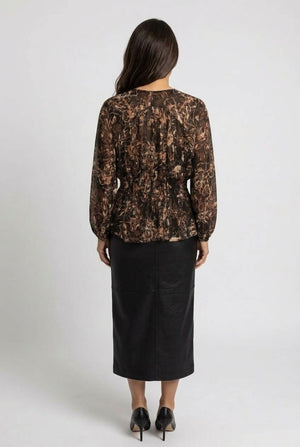 Black | Printed Long Sleeve Ruched Waist Blouse