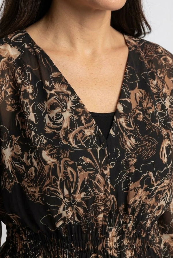 Black | Printed Long Sleeve Ruched Waist Blouse
