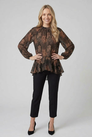 Black | Printed Long Sleeve Ruffled Tunic Blouse