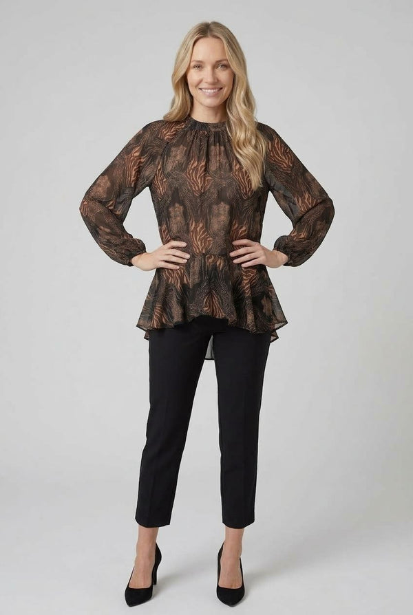 Black | Printed Long Sleeve Ruffled Tunic Blouse