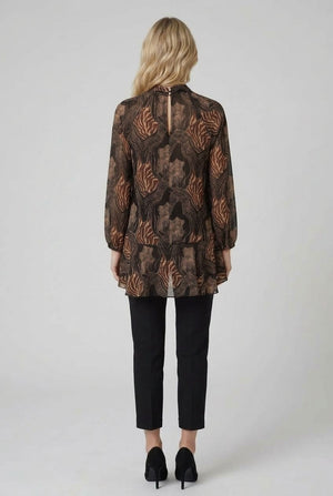 Black | Printed Long Sleeve Ruffled Tunic Blouse