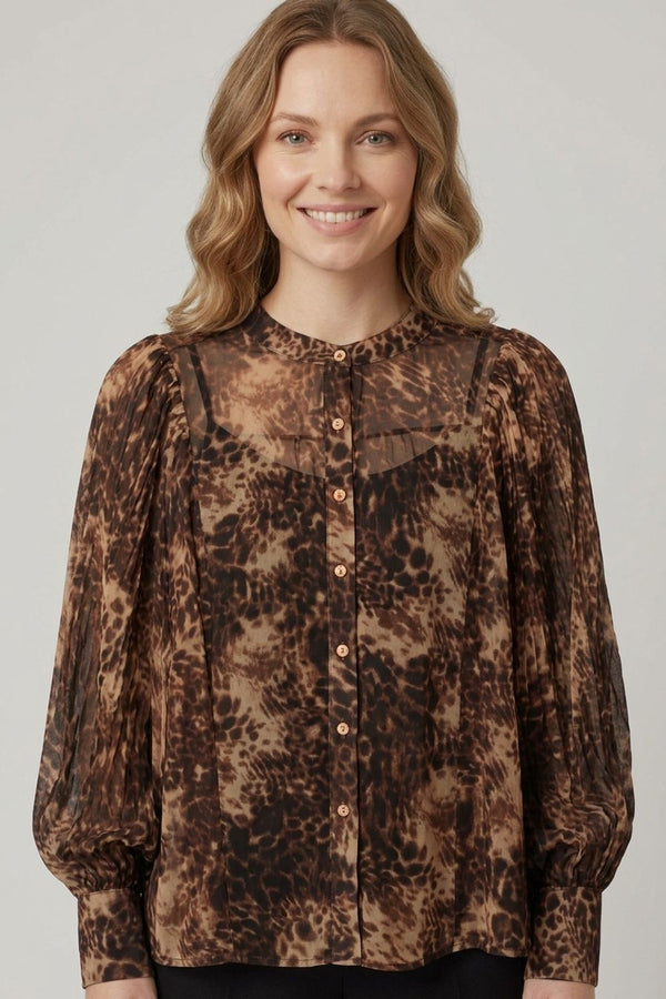 Brown | Animal Print Balloon Sleeve Shirt