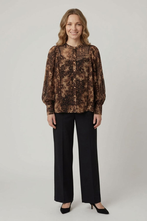 Brown | Animal Print Balloon Sleeve Shirt