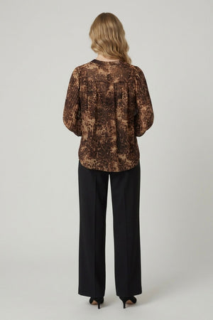 Brown | Animal Print Balloon Sleeve Shirt