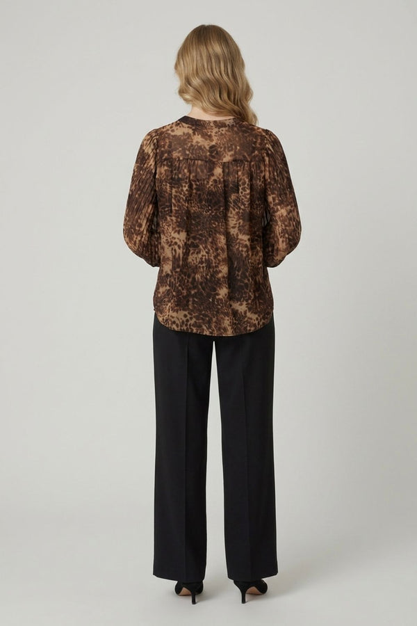 Brown | Animal Print Balloon Sleeve Shirt