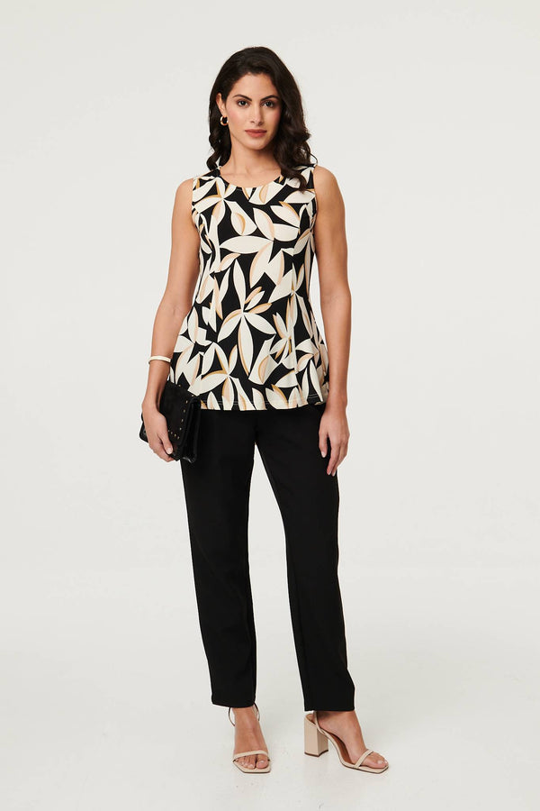 Black | Leaf Print Sleeveless Peplum Top
