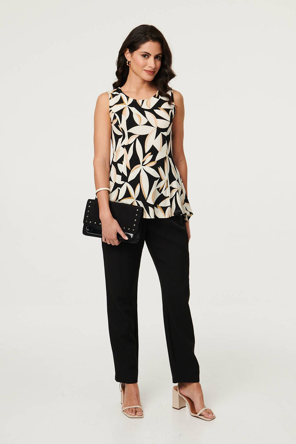 Black | Leaf Print Sleeveless Peplum Top
