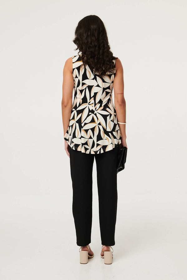 Black | Leaf Print Sleeveless Peplum Top
